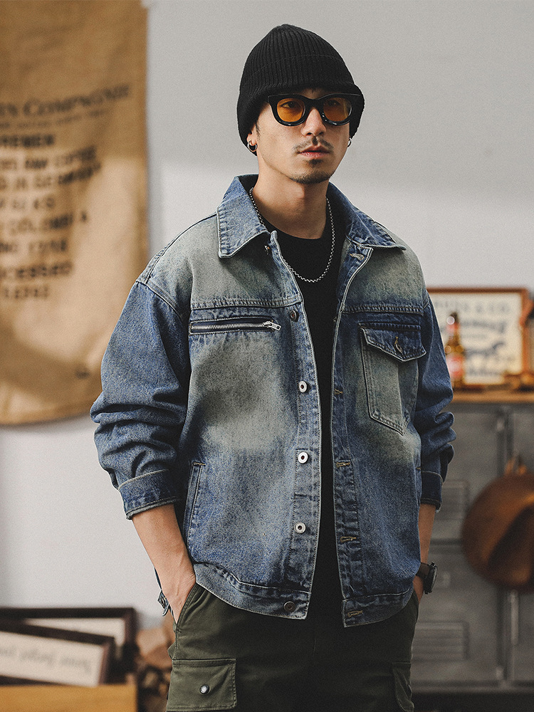 美式經典工裝夾克男春秋2024新款痞帥做舊磨白納米水洗牛仔外套男