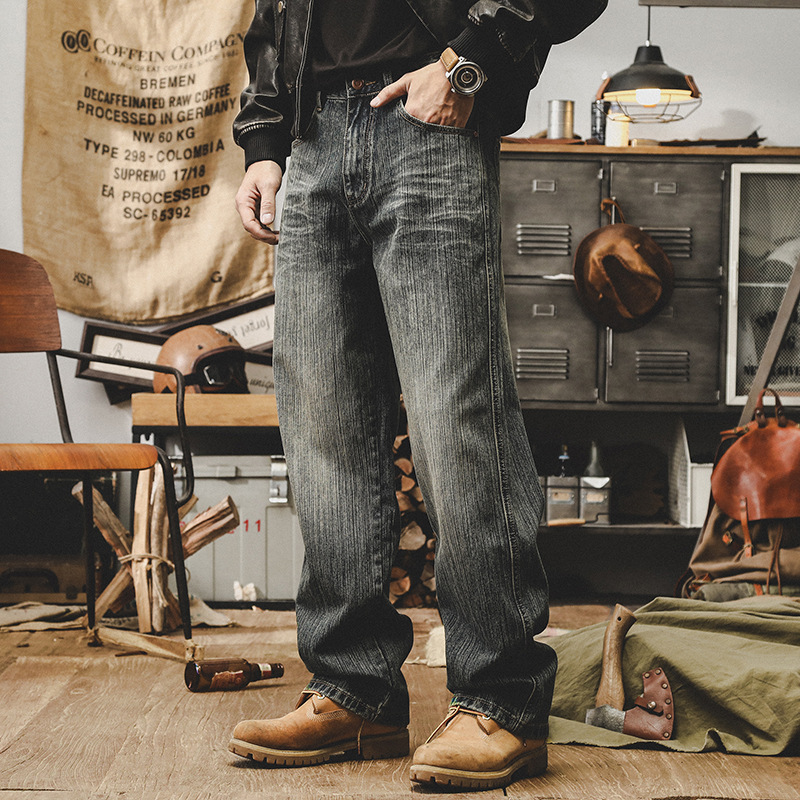 美式複古重磅牛仔褲男款潮牌高端秋季褲子男直筒寬松大碼休閑長褲