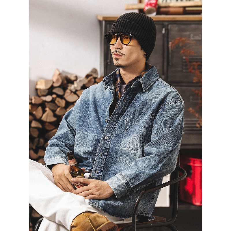 美式復古石磨水洗牛仔外套男春秋款寬鬆潮牌長袖襯衫男士秋季夾克