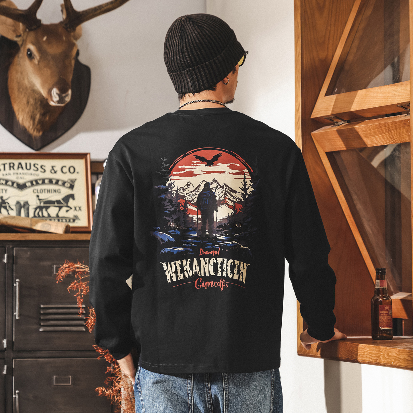 美式山系戶外長袖t恤男2025新款潮流300g重磅寬鬆大碼秋季上衣男T