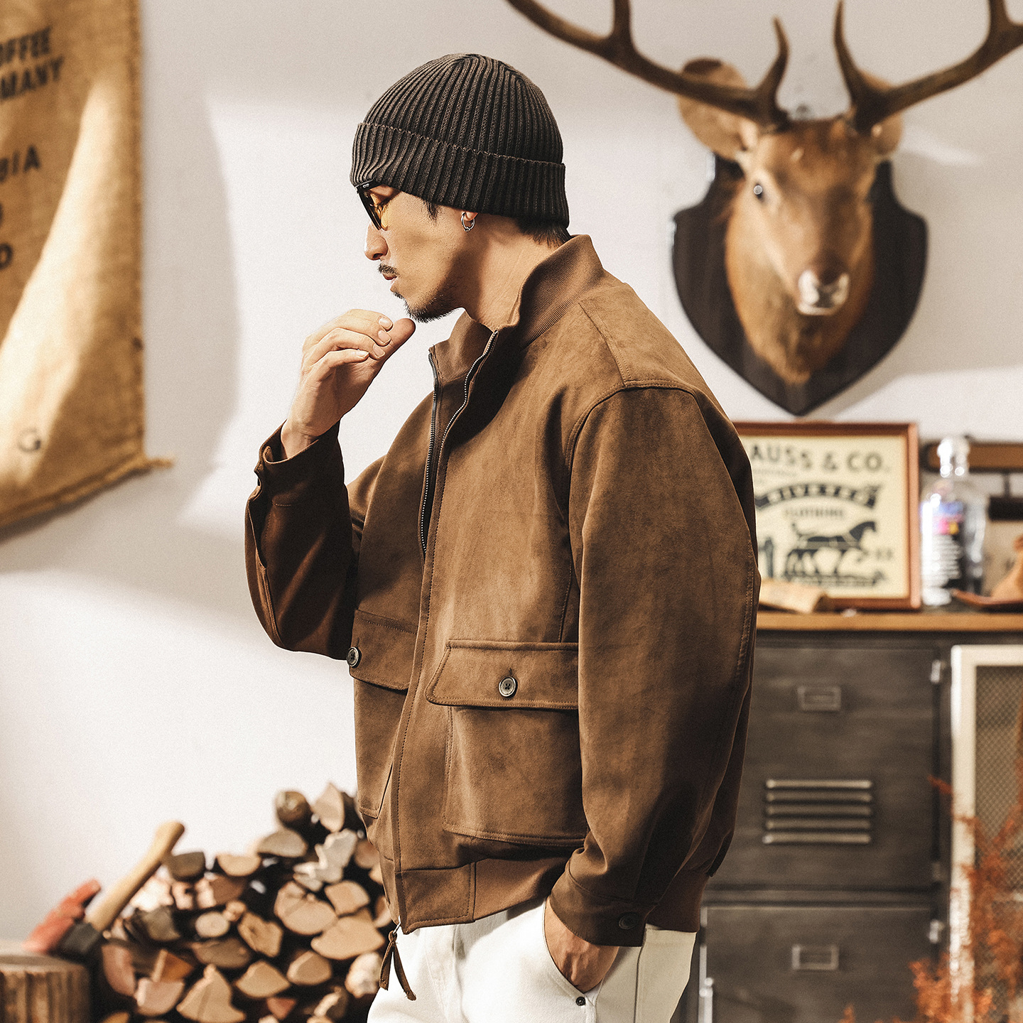 美式重磅復古麂皮絨外套男春秋美拉德古着寬鬆機車立領工裝夾克男