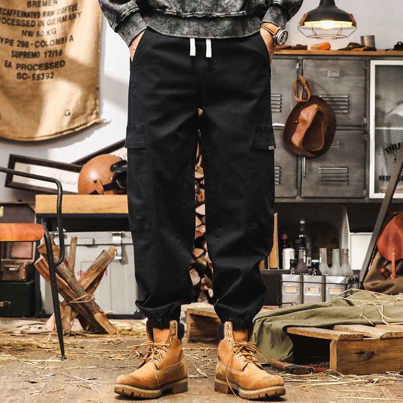 美式復古工裝褲男秋季2024新款束腳褲寬鬆潮牌黑色男士休閒長褲子