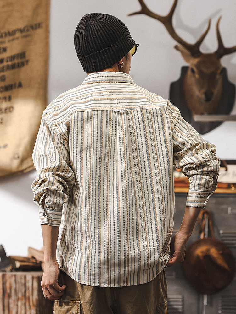 美式復古重磅條紋襯衫男長袖春季2025新款潮牌寬鬆休閒襯衣男外套