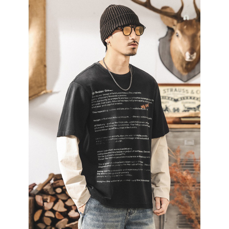 美式復古假兩件長袖t恤男款秋季高街潮牌水洗磨破做舊寬鬆上衣男T