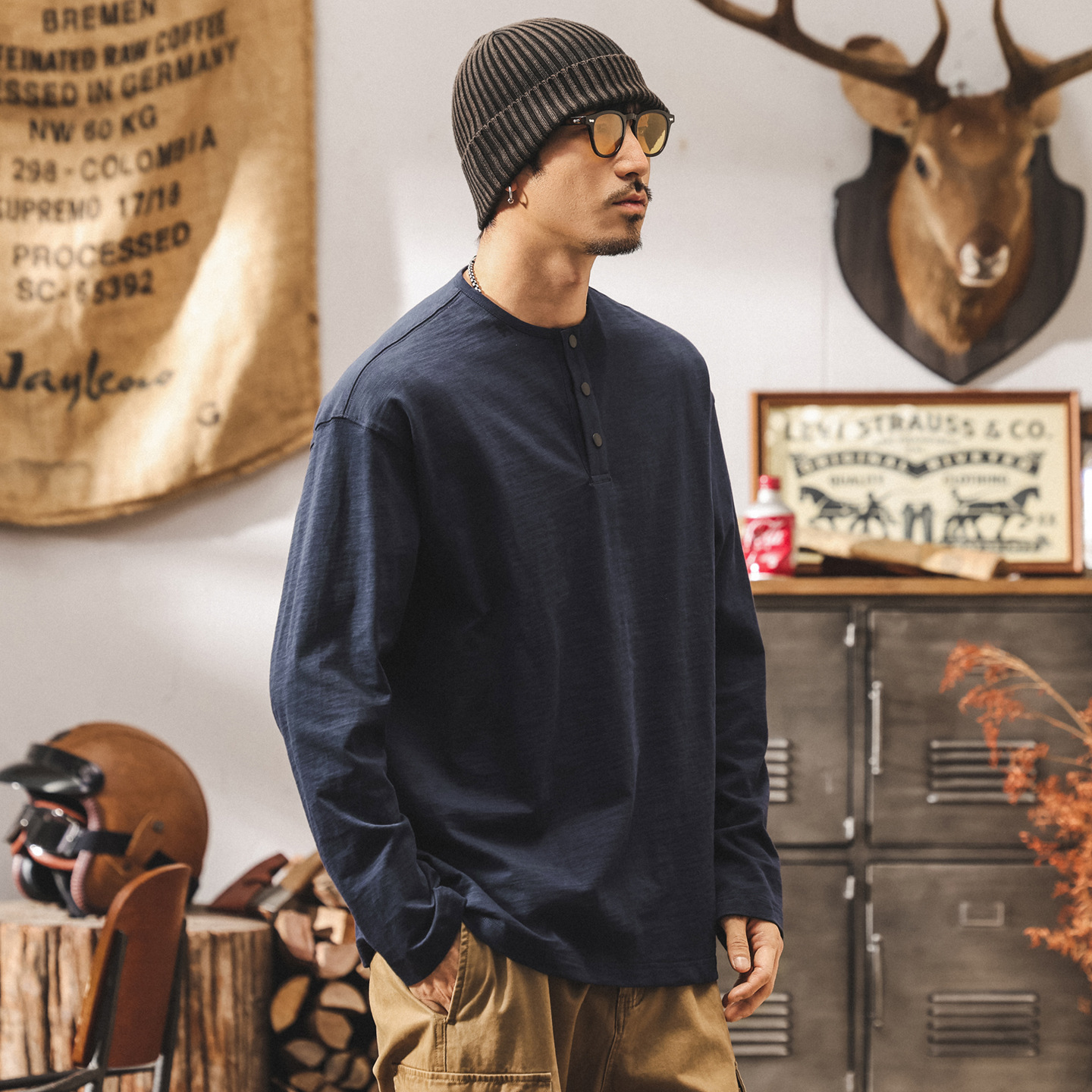 美式復古280g重磅竹節棉t恤男秋季新款潮流亨利領長袖polo衫