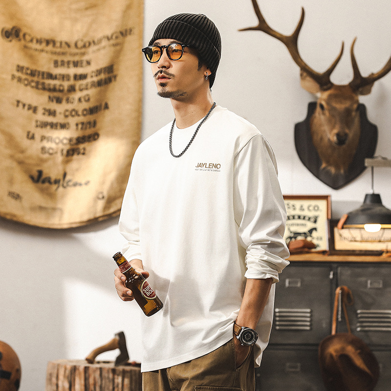 美式復古260g重磅長袖T恤男寬鬆秋季2024新款潮流印花體恤男