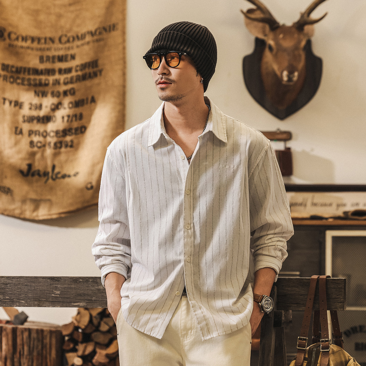 美式復古老錢風條紋襯衫男長袖春季男裝新款日系潮牌寬鬆休閒襯衣