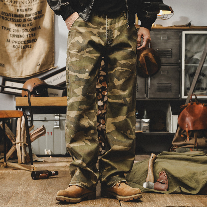 美式複古迷彩牛仔褲男秋季直筒痞帥潮流工裝褲子男戶外寬松休閑褲