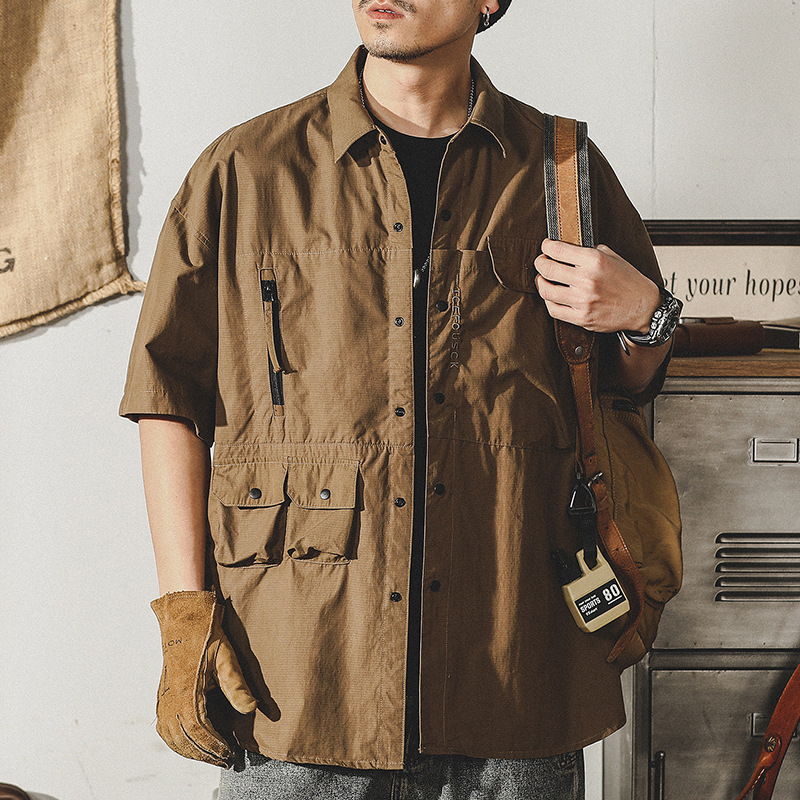 杰雷諾美式工裝襯衫男短袖戰術硬漢獵裝襯衣男教練夾克休閒外套男