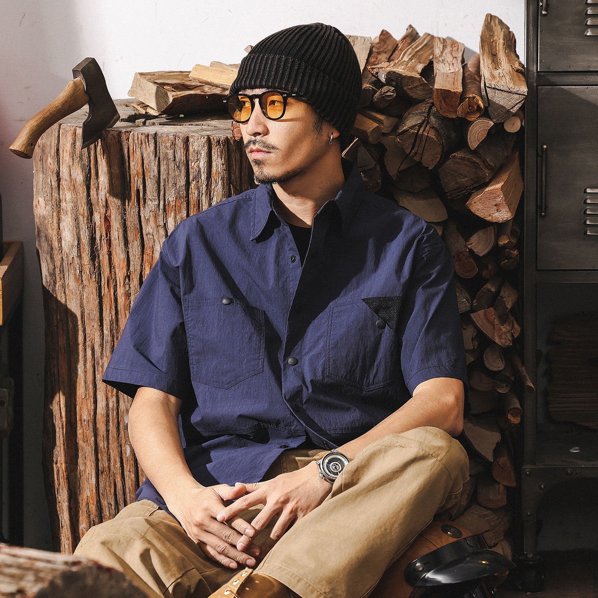 高級感60支棉錦山系戶外短袖襯衫男夏季潮牌美式復古撞色休閒襯衣