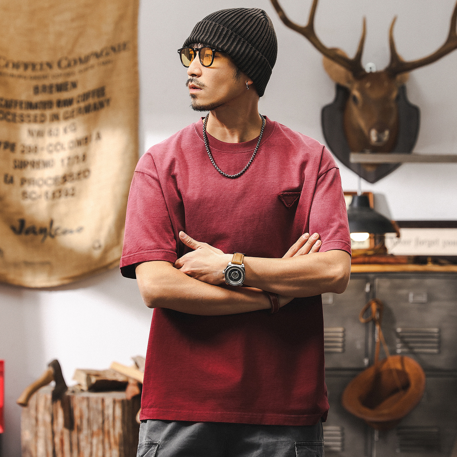 阿蘇特洗褪重磅T恤男夏季短袖潮流漸變水洗安可拉紅男士上衣