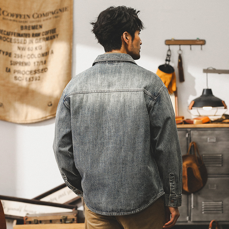美式重磅複古牛仔外套男春秋款水洗休閑寬松潮牌襯衫男士長袖秋季