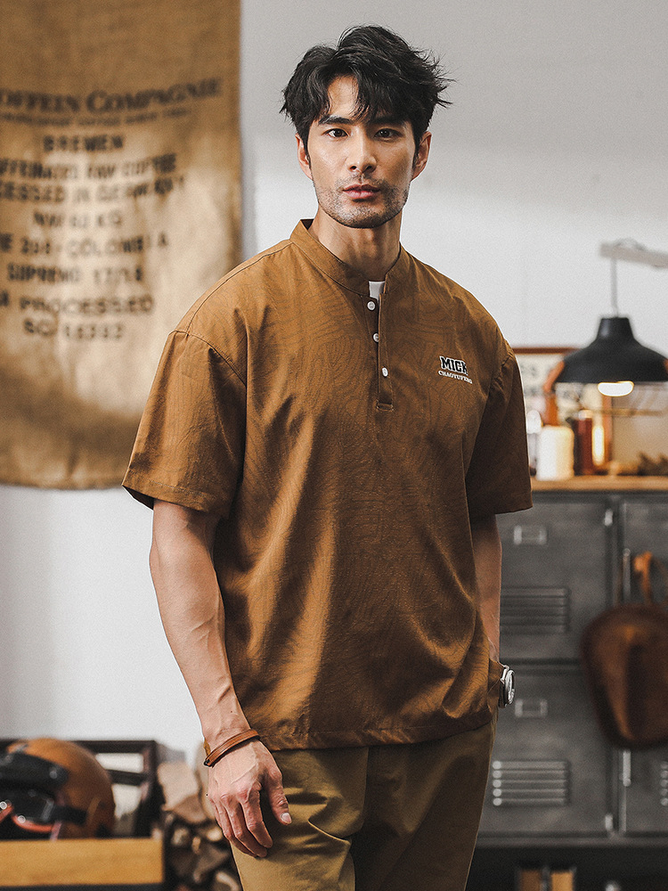 杰雷諾美式復古polo衫短袖男士夏季立領條紋寬鬆潮牌T恤上衣男裝T