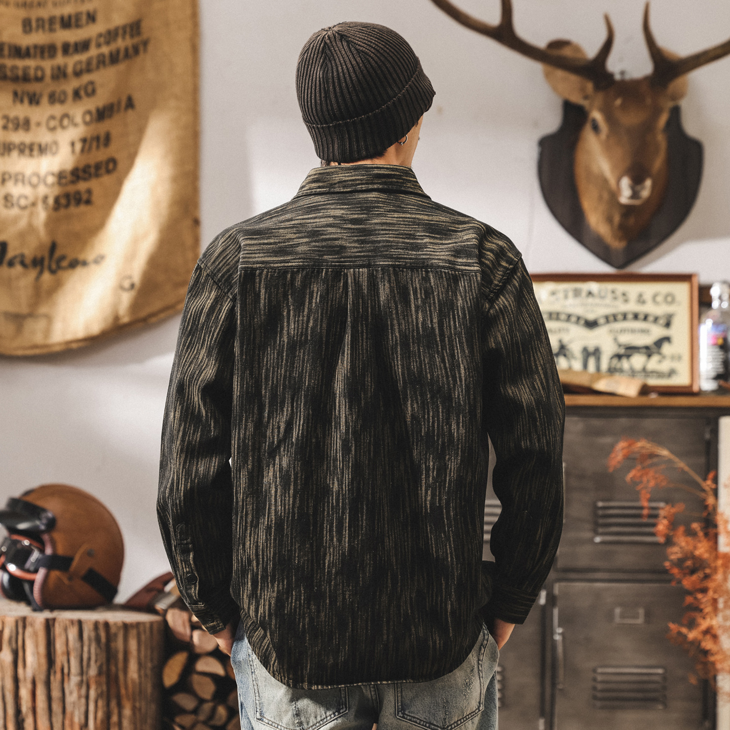 美式重磅復古牛仔襯衫外套男秋季寬鬆潮流提花條紋襯衣工裝夾克男