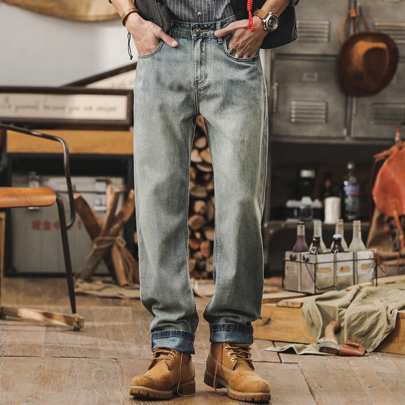 杰雷諾復古直筒牛仔褲男款夏季寬鬆潮牌休閒長褲美式高街闊腿褲子