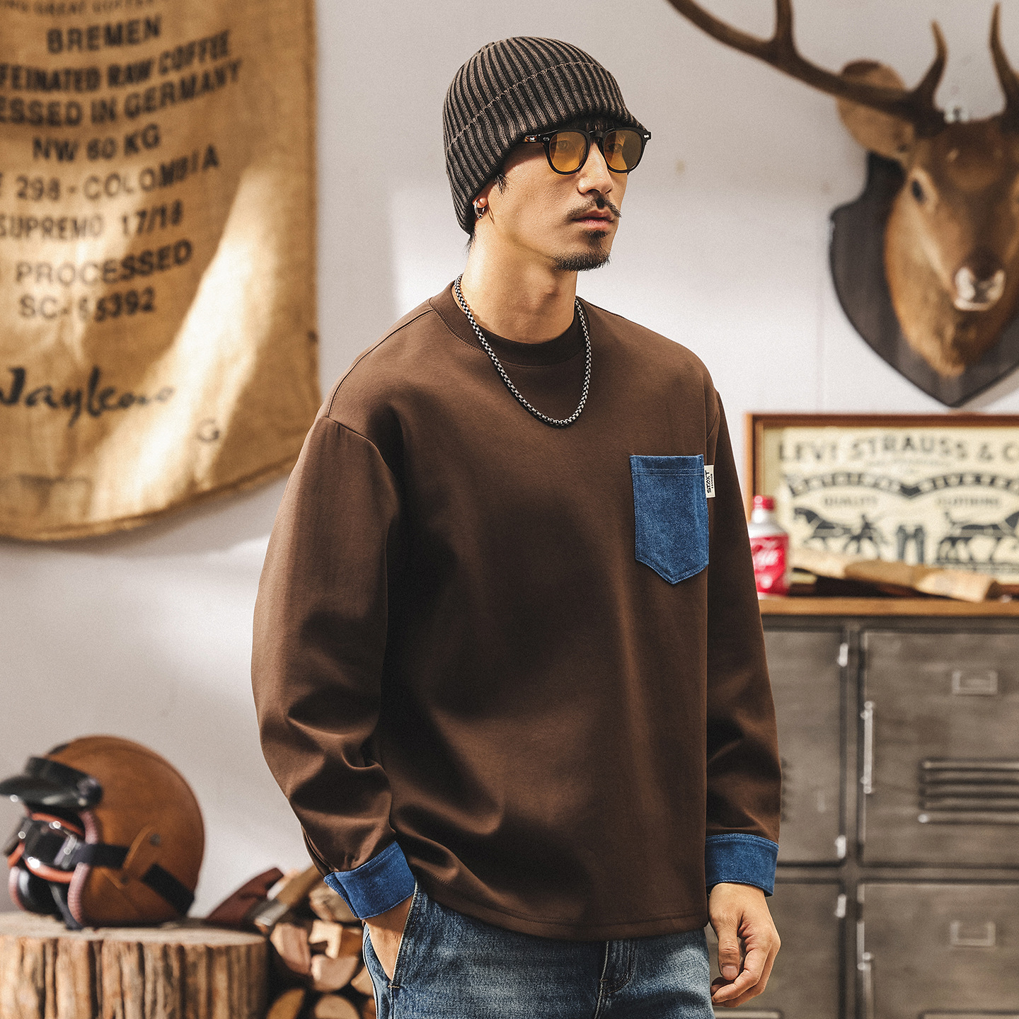 美式復古萊賽爾空氣層衛衣男春秋潮牌300g重磅寬鬆牛仔撞色上衣男