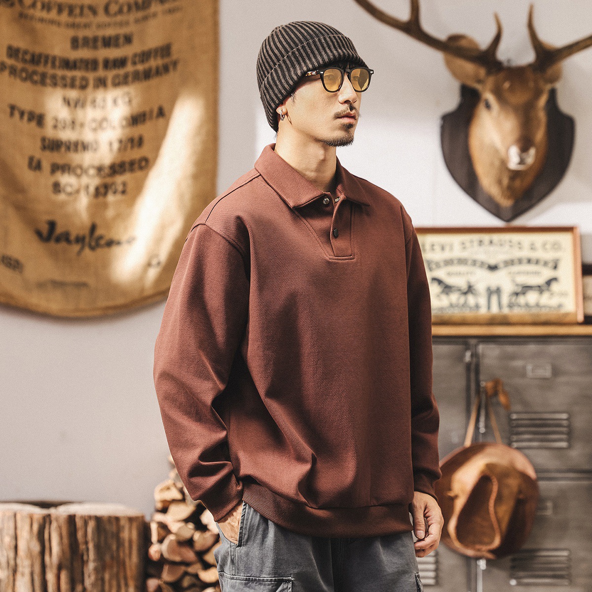 美式復古380g重磅Polo領衛衣男春秋2025新款寬鬆休閒翻領男士上衣