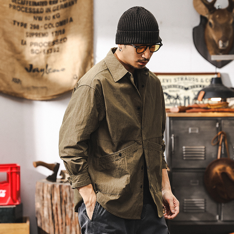 美式山系戶外棉錦工裝襯衫男薄款秋季外套潮牌寬鬆休閒長袖襯衣男