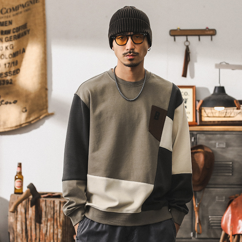 美式復古450g重磅磨毛空氣層衛衣男秋季高級感拼色上衣休閒男外套