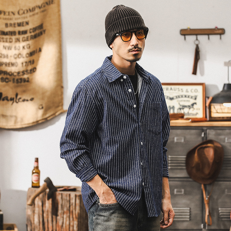 美式復古條紋襯衫男長袖秋季寬鬆工裝襯衣男色織牛仔外套男春秋款