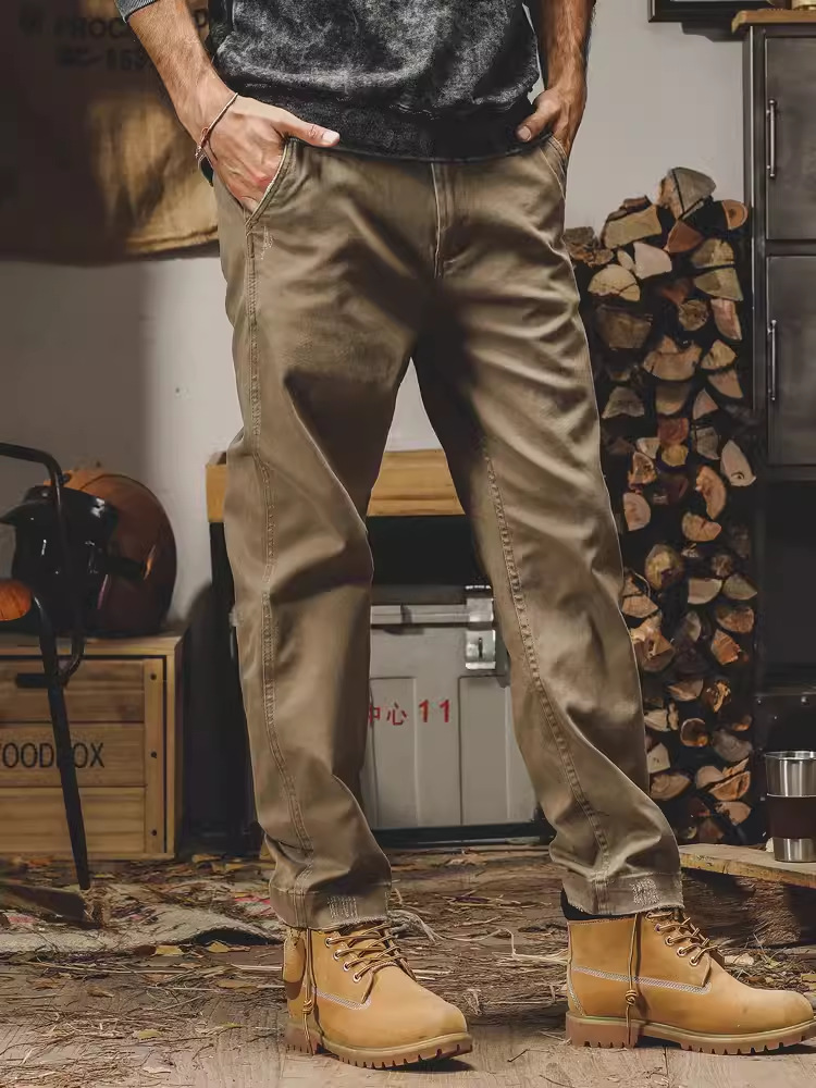 杰雷諾美式重磅復古硬挺工裝褲子男秋季斜紋彈力直筒男士休閒長褲