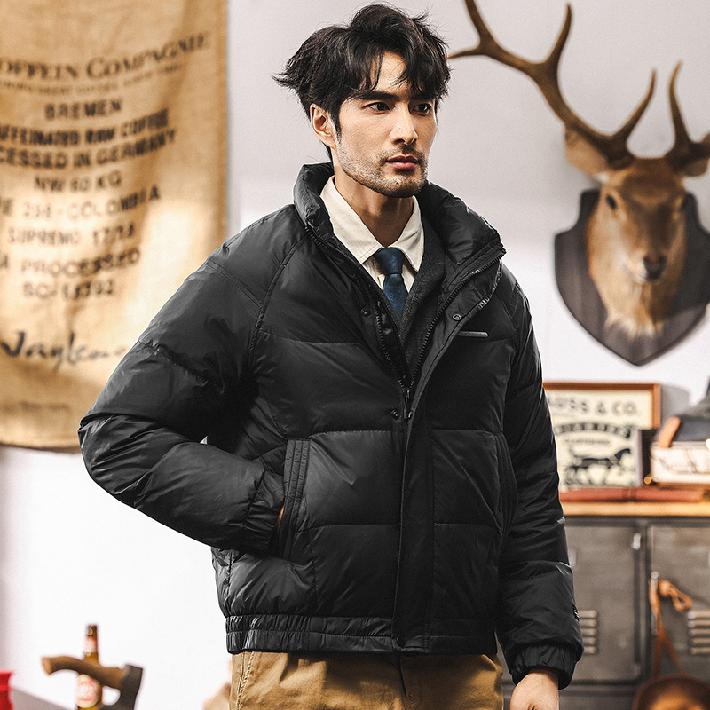 美式復古黑色短款羽絨服男冬季2024新款潮牌寬鬆加厚外套男秋冬款