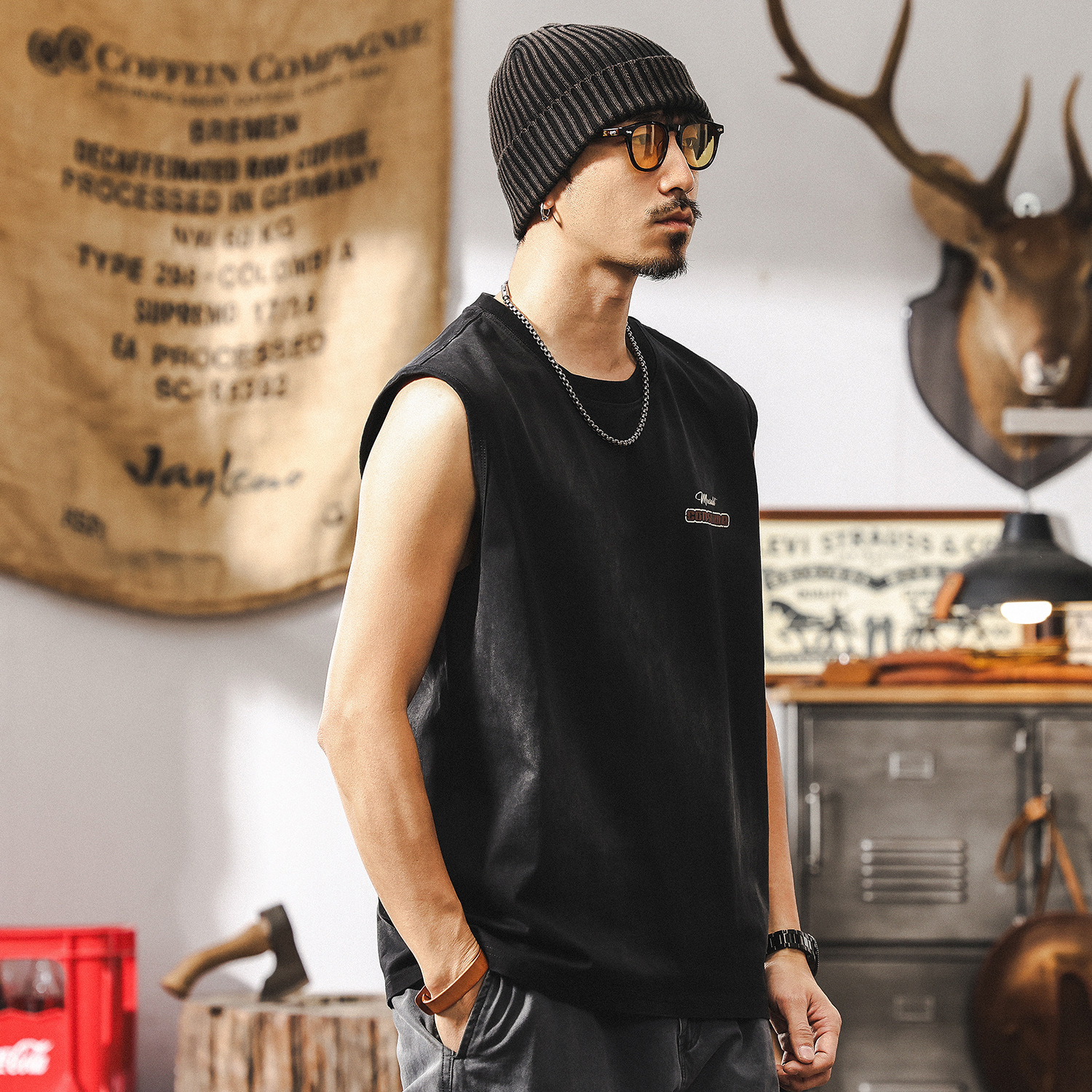 美式重磅無袖T恤男夏季2025新款潮流高街痞帥運動健身背心男