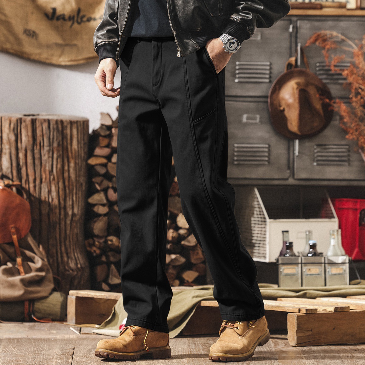 美式復古加絨工裝褲子男士新款冬季加厚潮牌水洗寬鬆直筒休閒長褲