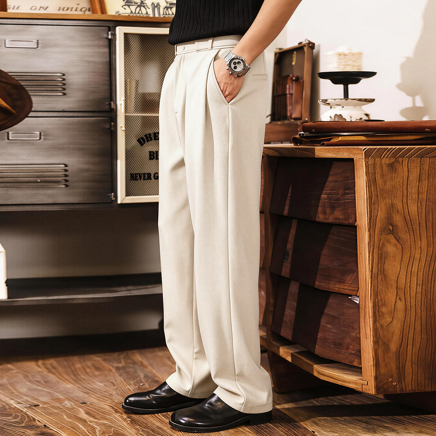 美式復古帶腰帶簡約西褲男春季潮牌通勤男士褲子寬鬆直筒休閒長褲