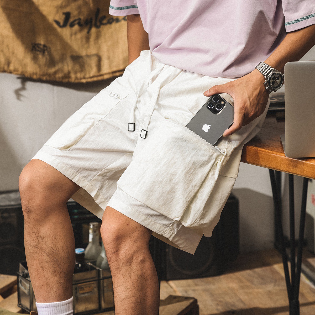 美式戶外白色工裝短褲男夏季潮牌運動速幹五分褲寬鬆大碼冰絲中褲