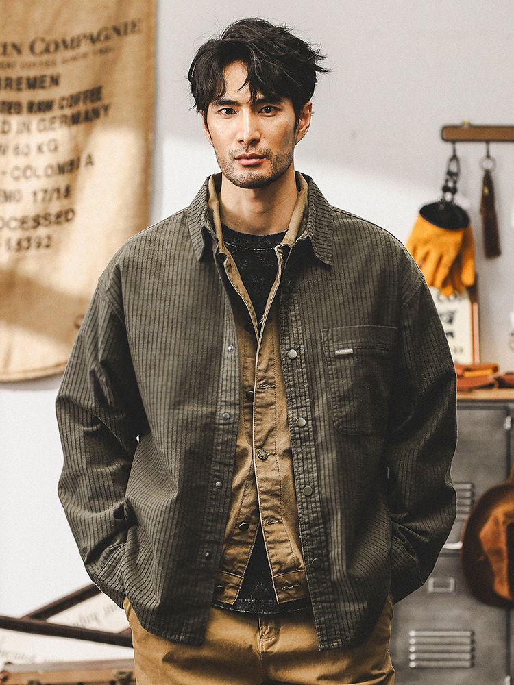 美式複古華夫格工裝襯衫男長袖寬松重磅襯衣戶外通勤男士秋季外套