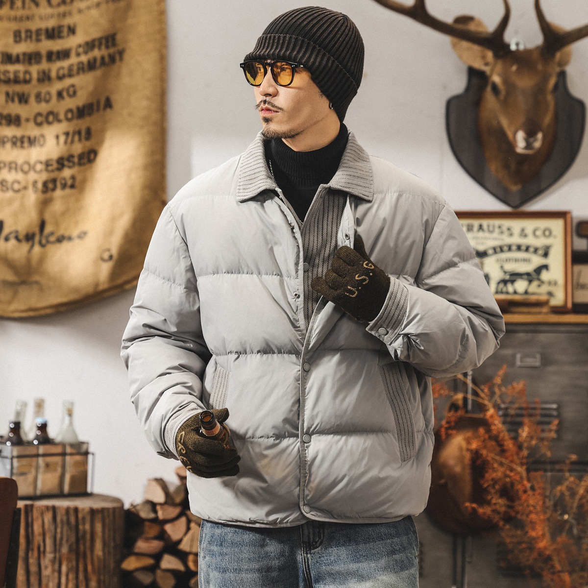 美式復古90白鴨絨假兩件輕便羽絨服男款冬季保暖潮牌面包服外套男