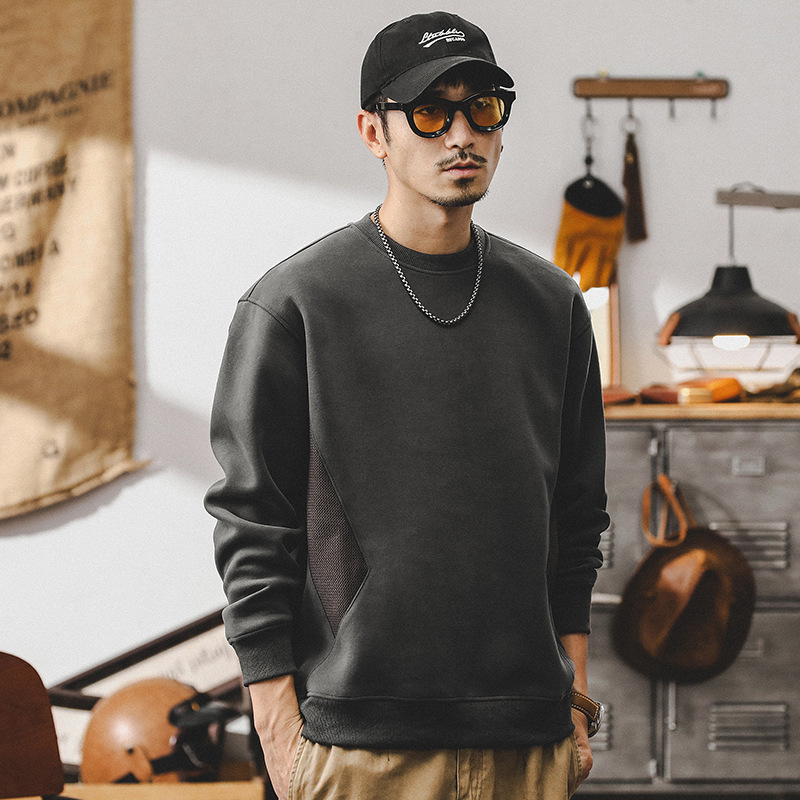 美式復古重磅衛衣男2024秋季新款高端羅紋拼接設計感休閒寬鬆上衣