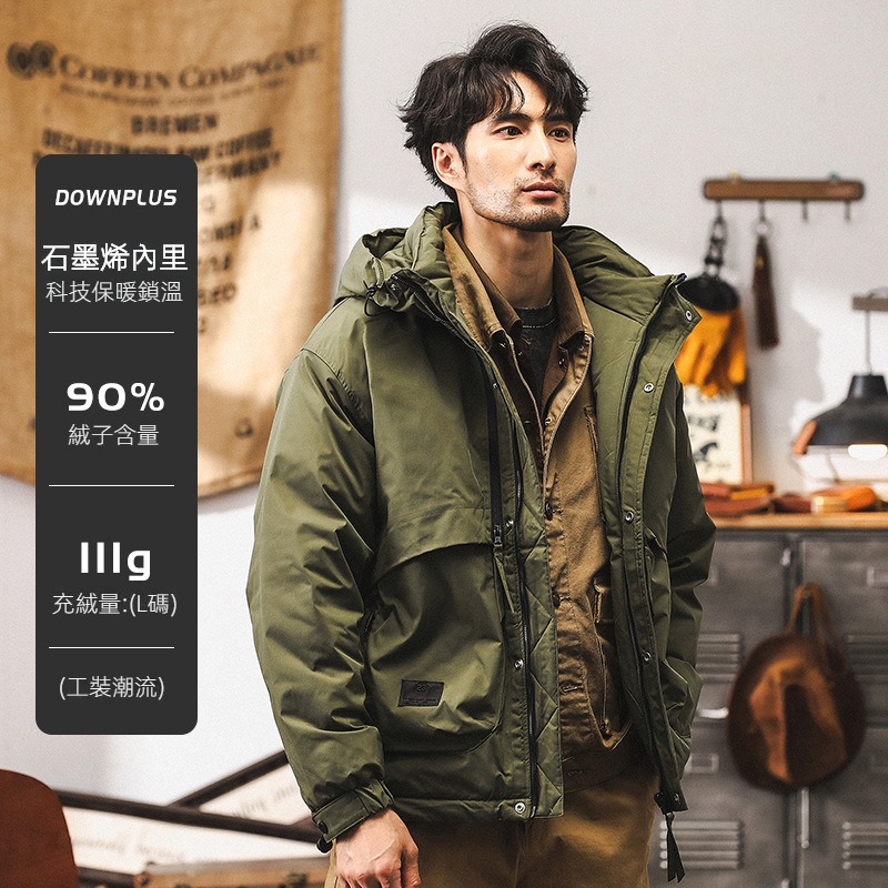 美式復古90灰鴨絨工裝羽絨服男冬季2024新款戶外連帽外套男秋冬款