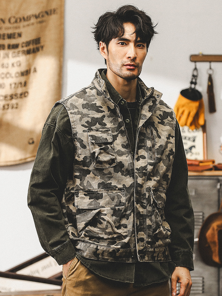 美式複古重磅迷彩夾克外套男秋季戶外機能寬松阿美咔叽工裝馬甲男