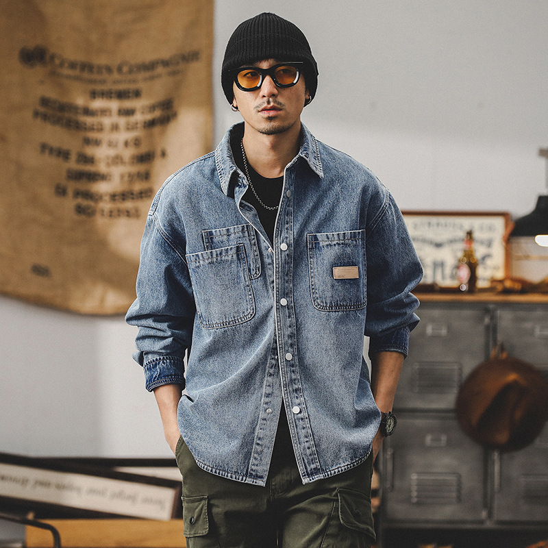 美式牛仔襯衫男長袖寬鬆潮牌經典工裝夾克男春季新款男士休閒外套