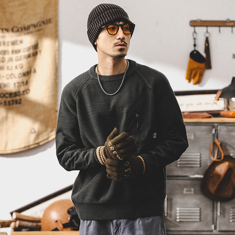 美式重磅復古毛衣男秋冬款加厚口袋設計款潮牌寬鬆大碼男士針織衫