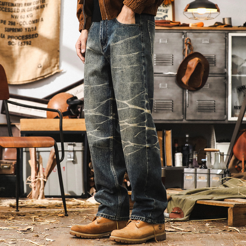 美式復古重磅直筒牛仔褲子男秋季潮牌2024新款設計感寬鬆休閒長褲