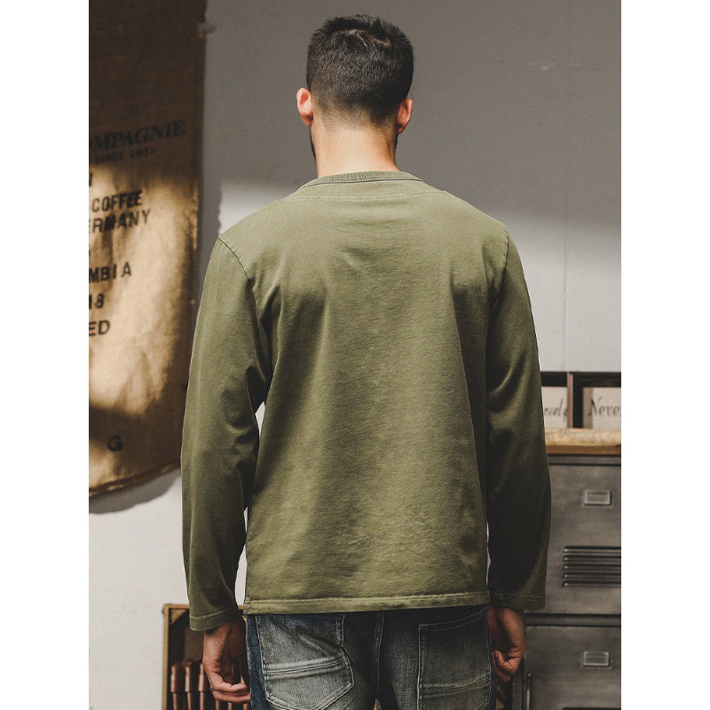 美式重磅精梳棉長袖T恤男秋冬款2023年潮牌簡約百搭亨利領打底衫