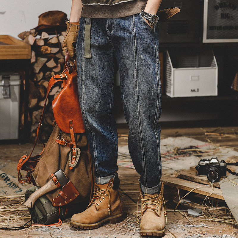 美式復古牛仔褲男寬鬆直筒2024年秋季新款拼接設計款加大碼闊腿褲
