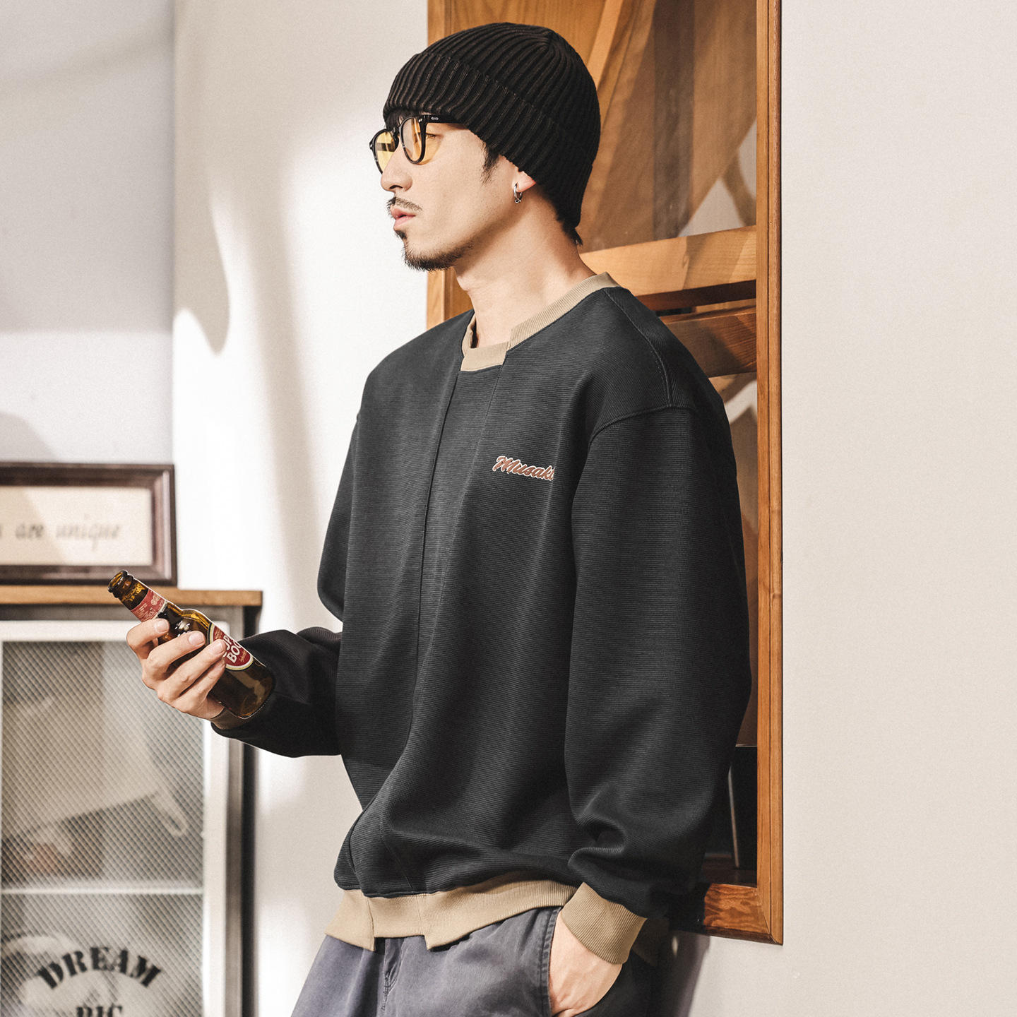 美式復古潮流字母刺繡衛衣男士秋季新款潮牌拼接重磅寬鬆長袖上衣