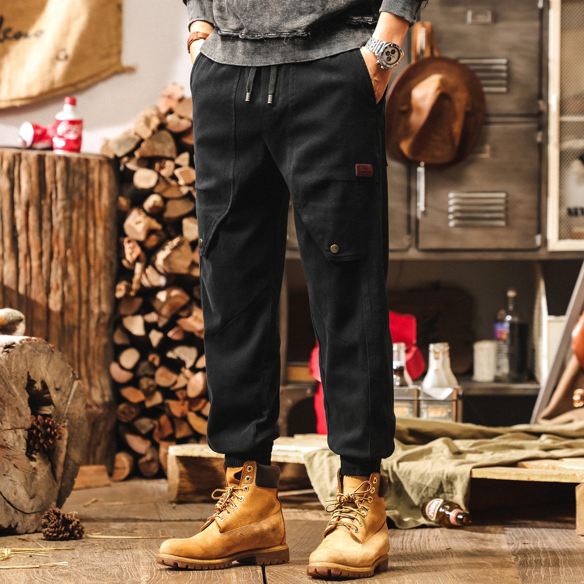 美式復古藏青色工裝褲子男士2025秋季潮牌寬鬆直筒束腳男士休閒褲