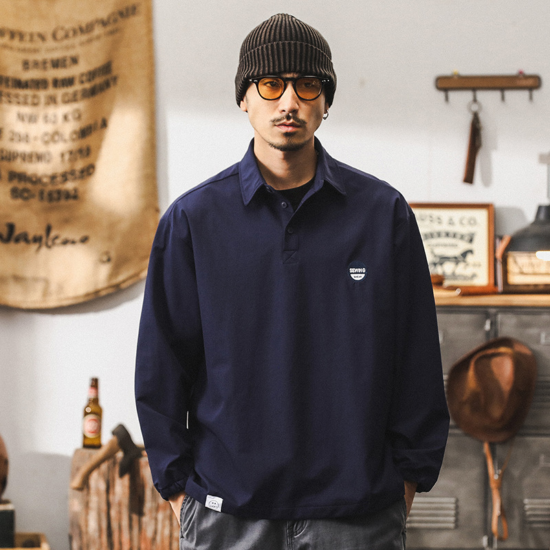 【四面彈力】美式山系復古POLO領襯衫男長袖寬鬆秋季戶外休閒襯衣