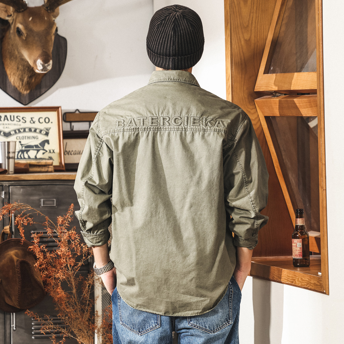 美式復古水洗工裝襯衫男長袖春季新款潮牌重磅寬鬆襯衣外套男