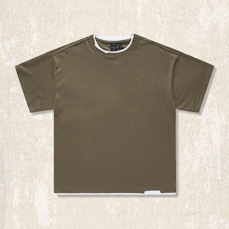 雙紗爽滑棉重磅假兩件T恤男短袖夏季潮牌設計感半截袖美式衣服男
