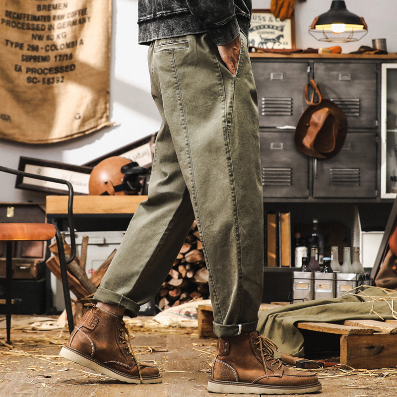 美式復古斜紋休閒褲男秋季潮牌經典寬鬆百搭長褲男士綠色工裝褲子