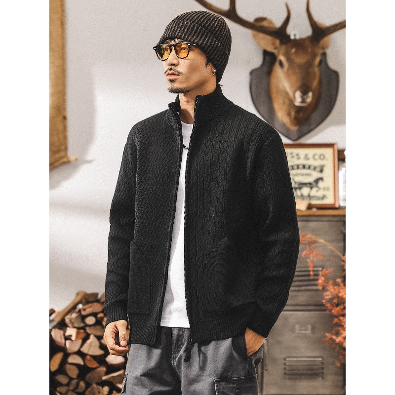 美式復古慵懶風立領開衫毛衣男春秋新款寬鬆拉鍊針織衫外套男秋冬