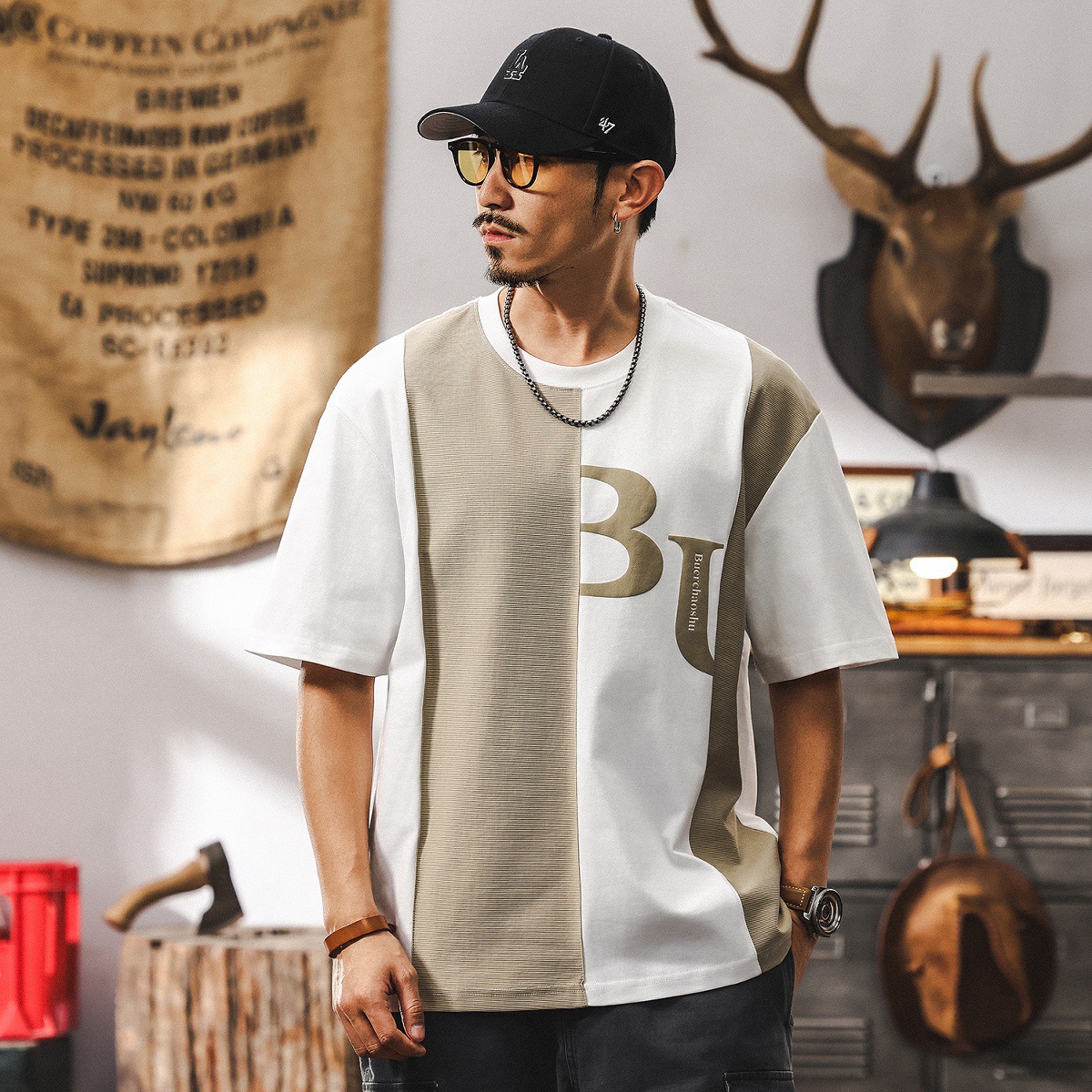 美式230g重磅復古短袖T恤男潮牌拼接撞色男士上衣半袖男體恤