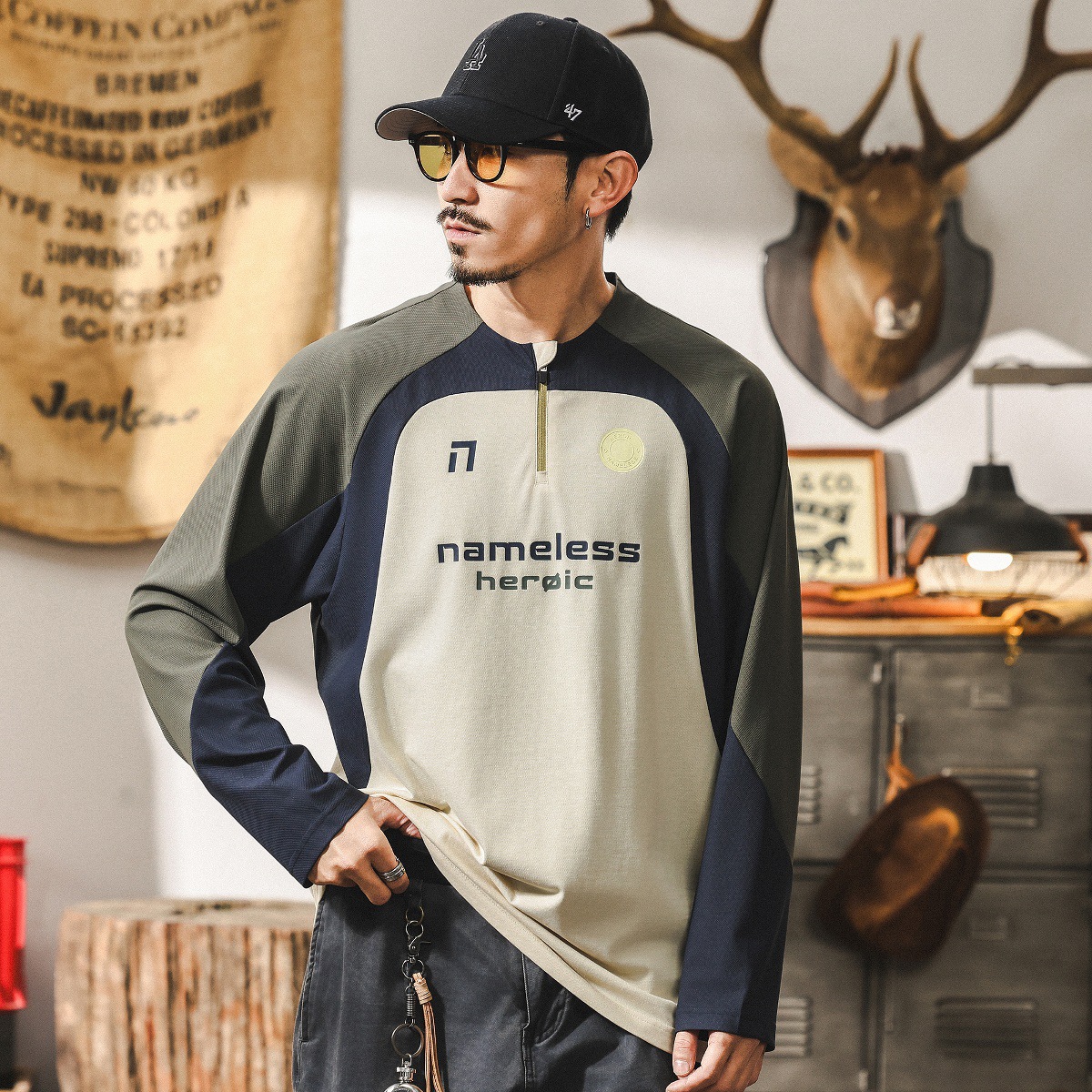 美式戶外運動速幹長袖t恤男春秋款潮牌寬鬆薄款騎行跑步訓練服男T