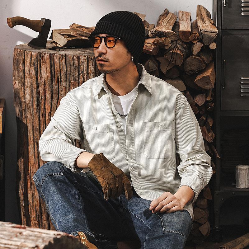 40支牛津紡條紋襯衫男美式復古2025新款潮牌休閒春季長袖上衣襯衣